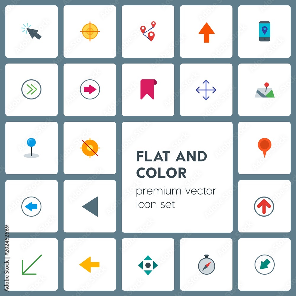 Modern Simple Set of location, arrows, cursors, bookmarks Vector flat Icons. Contains such Icons as  marker,  north,  tag,  goal, arrow,  up and more on grey background. Fully Editable. Pixel Perfect