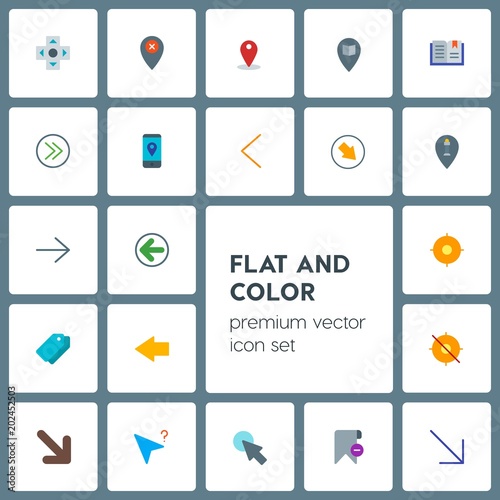 Modern Simple Set of location, arrows, cursors, bookmarks Vector flat Icons. Contains such Icons as page, delete, book, paper, pin, right and more on grey background. Fully Editable. Pixel Perfect