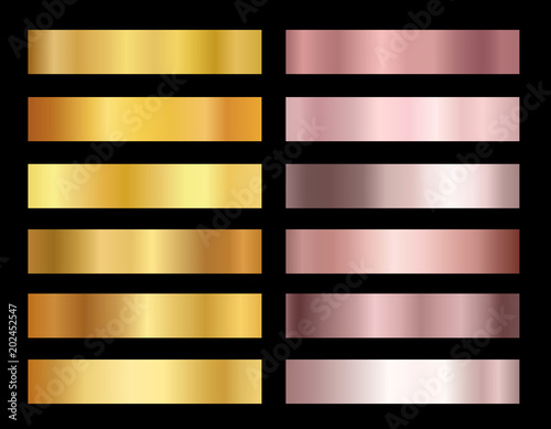 Vector illustration set of gold rose and gold foil texture backgrounds. Elegant, shiny gradients collection for border, frame, ribbon, pink golden label design.