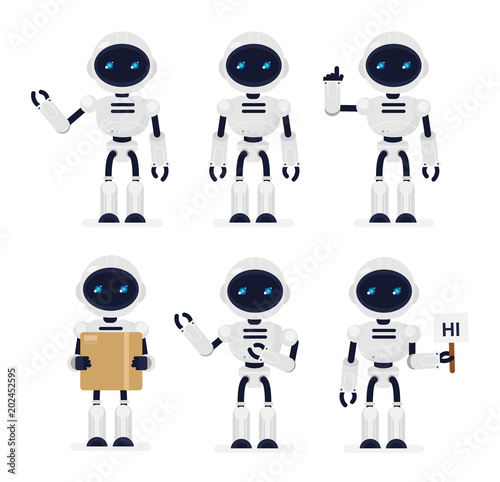 Vector illustration set of cute robots in different positions on white background. Technologies, robot concept in cartoon flat style.