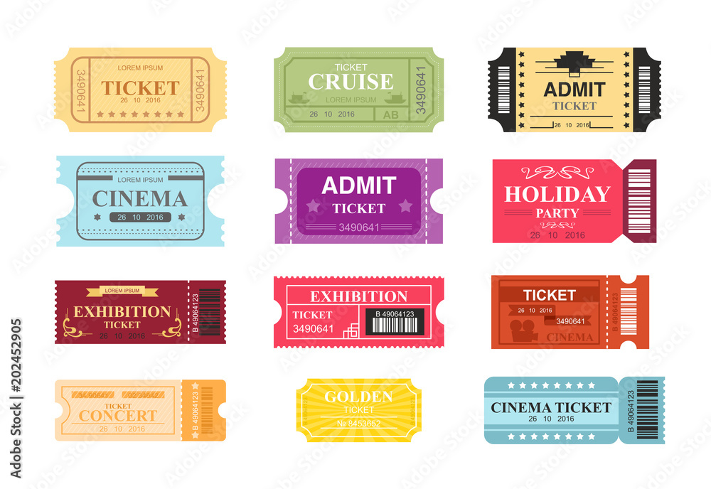 Vector illustration collection of colorful tickets with place for text. Tickets to cinema, theatre and circus in retro design, flat cartoon style.
