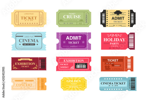 Vector illustration collection of colorful tickets with place for text. Tickets to cinema, theatre and circus in retro design, flat cartoon style.