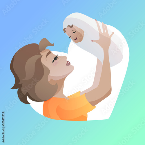 Young mother with baby in her hands.