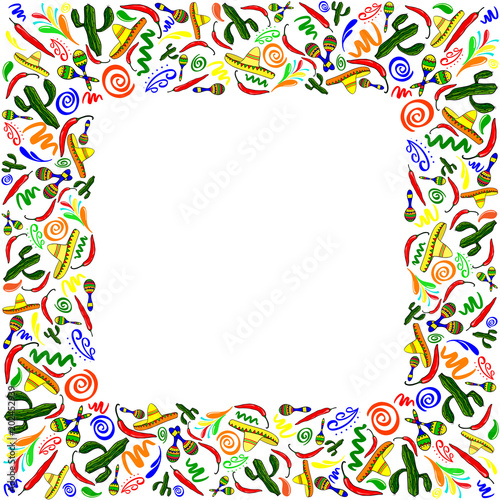 Mexican symbols vector greeting card, wedding or party invitation decoration, Cinco de Mayo(5th may) border. Square frame of traditional elements Mexican holiday on white background.
