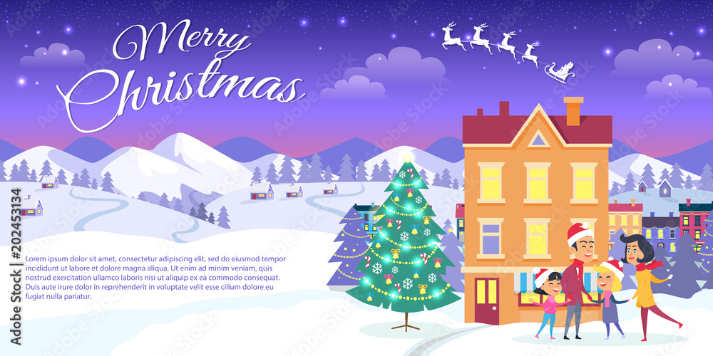 Merry Christmas on City and Blue Sky Background