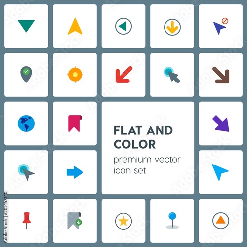 Modern Simple Set of location, arrows, cursors, bookmarks Vector flat Icons. Contains such Icons as  circular,  next,  double,  download, up and more on grey background. Fully Editable. Pixel Perfect