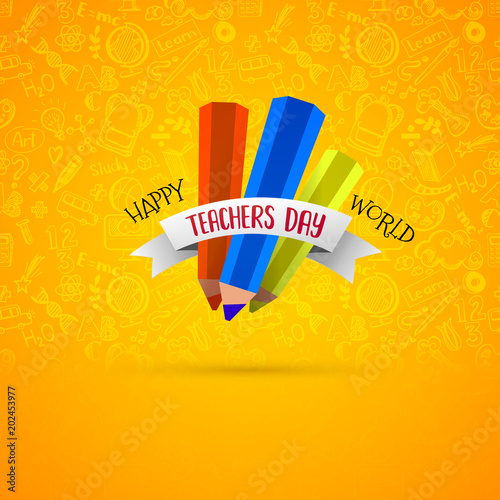Happy teachers day vector typography emblem isolated on bright yellow background with education symbols doodle pattern. Modern flat design for greeting card, logo, stamp or banner.