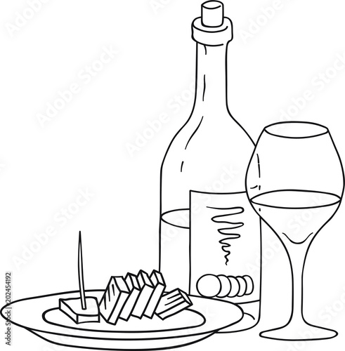 Hand Drawn Doodle Sketch Line Art Vector Illustration of Bottle of Wine, Wineglass and Plate of Cheese. Emblem Poster Banner Black Outline Design Element Template