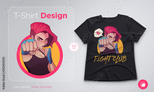 T-shirt design with angry boxing girl with blue boxing bandages, and red hair. Anime style illustration
