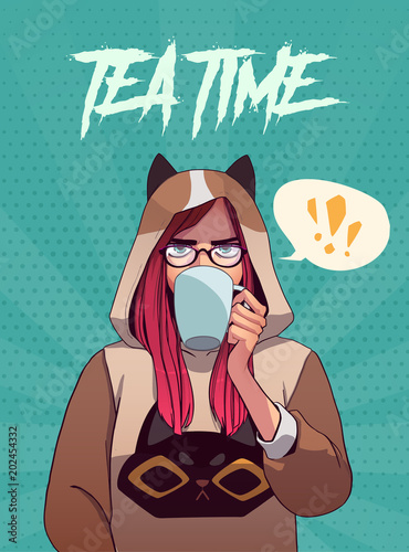 Poster, card or t-shirt print with cute girl sulking and drinking tea . Trendy anime style illustration