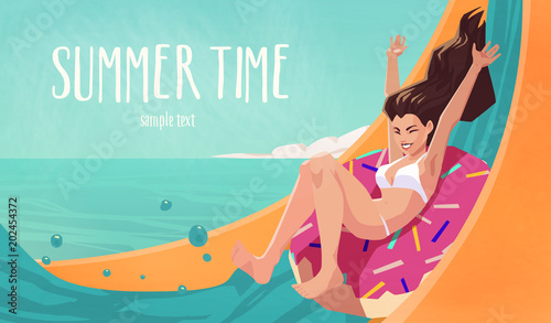Illustration of pretty girl having fun on water slide at aquapark. Summer holiday idyllic. Poster or card template