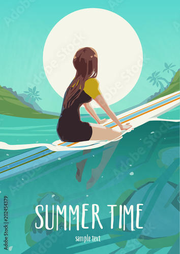 Fit active girl in bikini. Surfer on surf board wait for ocean wave. Surfing on summer beach holiday