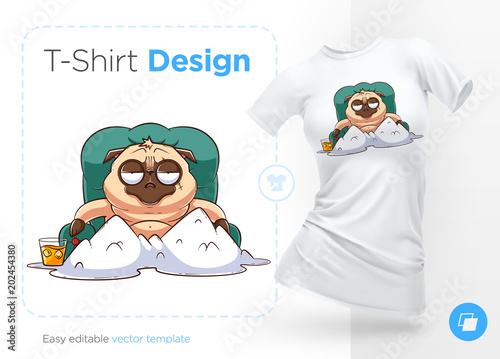 Pug life. Print on T-shirts, sweatshirts and souvenirs. Brutal pug gangster sits in front of a mountains of white powder
