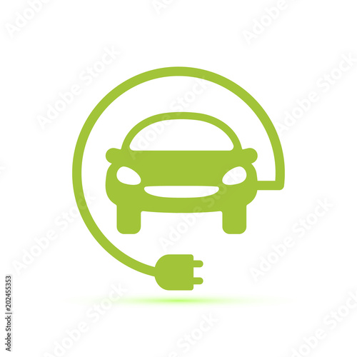 Carved silhouette flat icon, simple vector design. Auto with plug for illustration of car station, battery recharging. Symbol of electric car