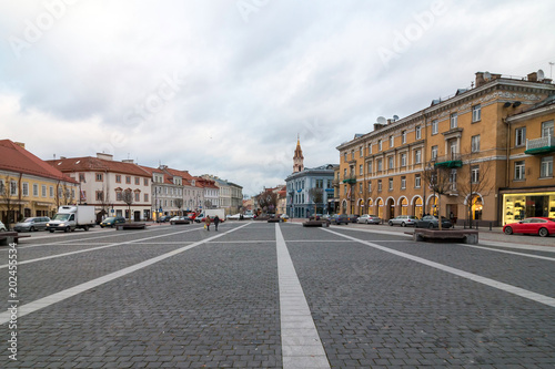 The Town Hall Square in Vilnius, Lithuania. Vilnius is known for its Old Town of beautiful architecture, 