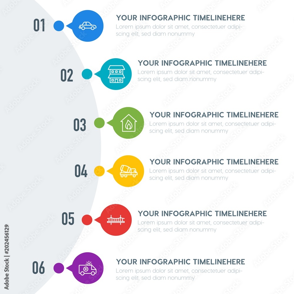 Flat transports, industry, buildings infographic timeline template with 7 options for presentations, advertising, annual reports Flat transports, industry, buildings infographic timeline template with 7 options for presentations, advertising, annual reports