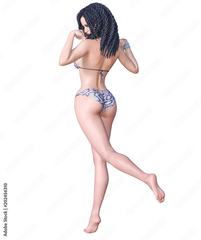 3D beautiful dark haired woman swimsuit bikini. Summer rest. Conceptual fashion art. Seductive candid pose. Realistic render illustration. Isolate
3D beautiful dark haired woman swimsuit bikini. Summer rest. Conceptual fashion art. Seductive candid pose. Realistic render illustration. Isolate