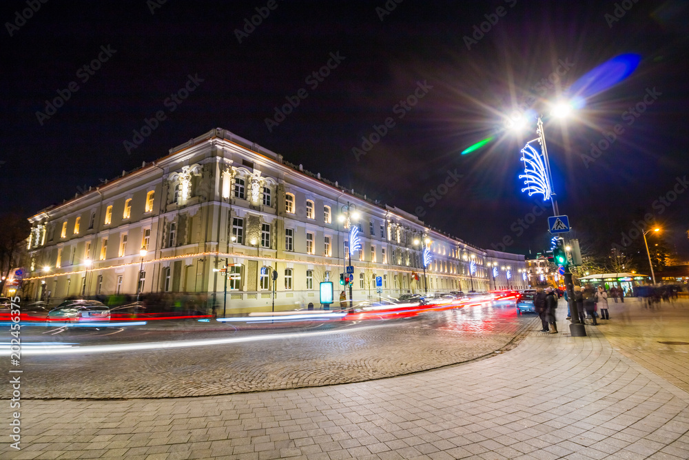 Night view of city decorated for Christmas on December 