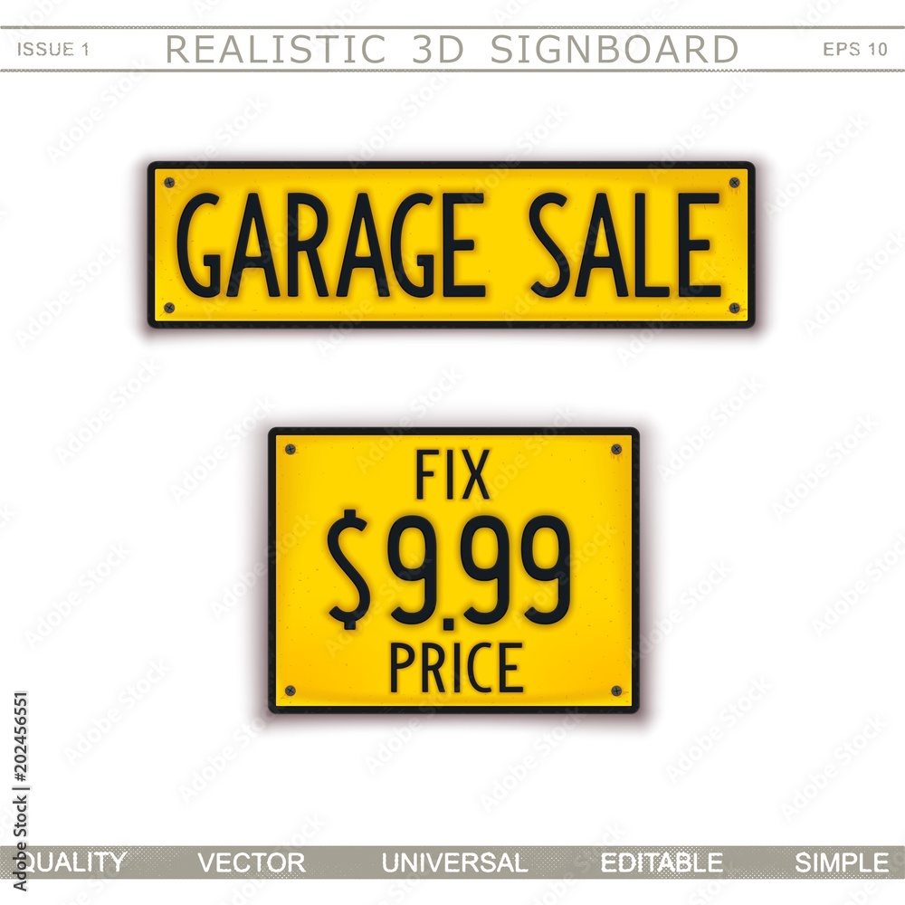 Garage Sale. Fix price. 3D signboard. Top view. Vector design elements