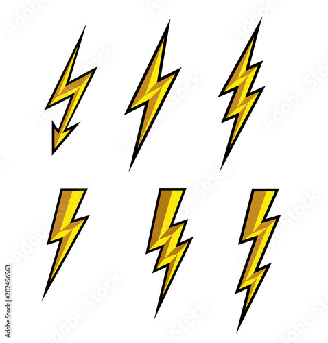 Lightning thunderbolt icon vector.Flash symbol illustration.Lighting Flash Icons Set. Flat Style on white background and black outline.Silhouette and lightning bolt icon. Set of yellow icons storm