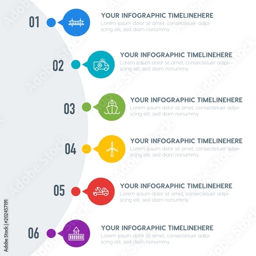 Flat transports, industry, buildings infographic timeline template with 7 options for presentations, advertising, annual reports