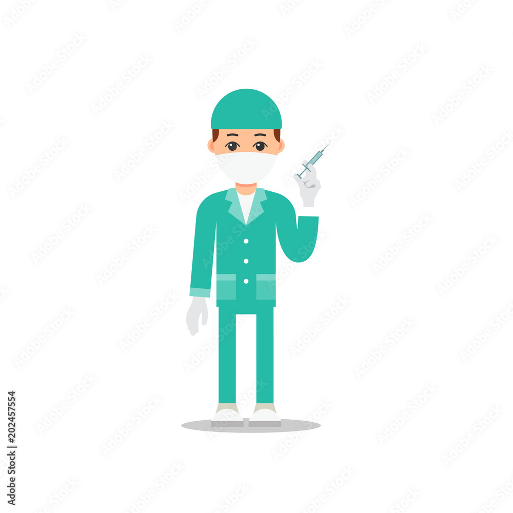 Doctor isolated. Young physician stands and holds a syringe in his hand. Cartoon illustration isolated on white background in flat. Full length portrait of doctor man, physician or medical assistant Doctor isolated. Young physician stands and holds a syringe in his hand. Cartoon illustration isolated on white background in flat. Full length portrait of doctor man, physician or medical assistant