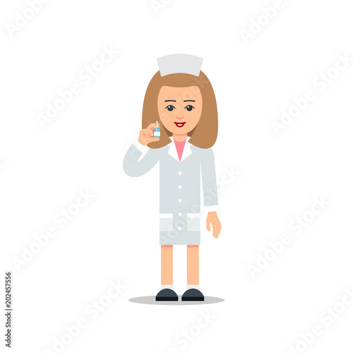 Doctor woman. Cartoon female doctor stands and holds a nose spray in his hand. Cartoon illustration isolated on white background. Full length portrait of doctor woman, nurse or medical assistant