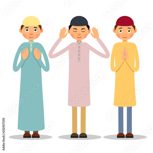 Muslim praying. Three Muslim men stand and pray. The performance of Muslim prayer by men with raised hands. Illustration. Isolated
