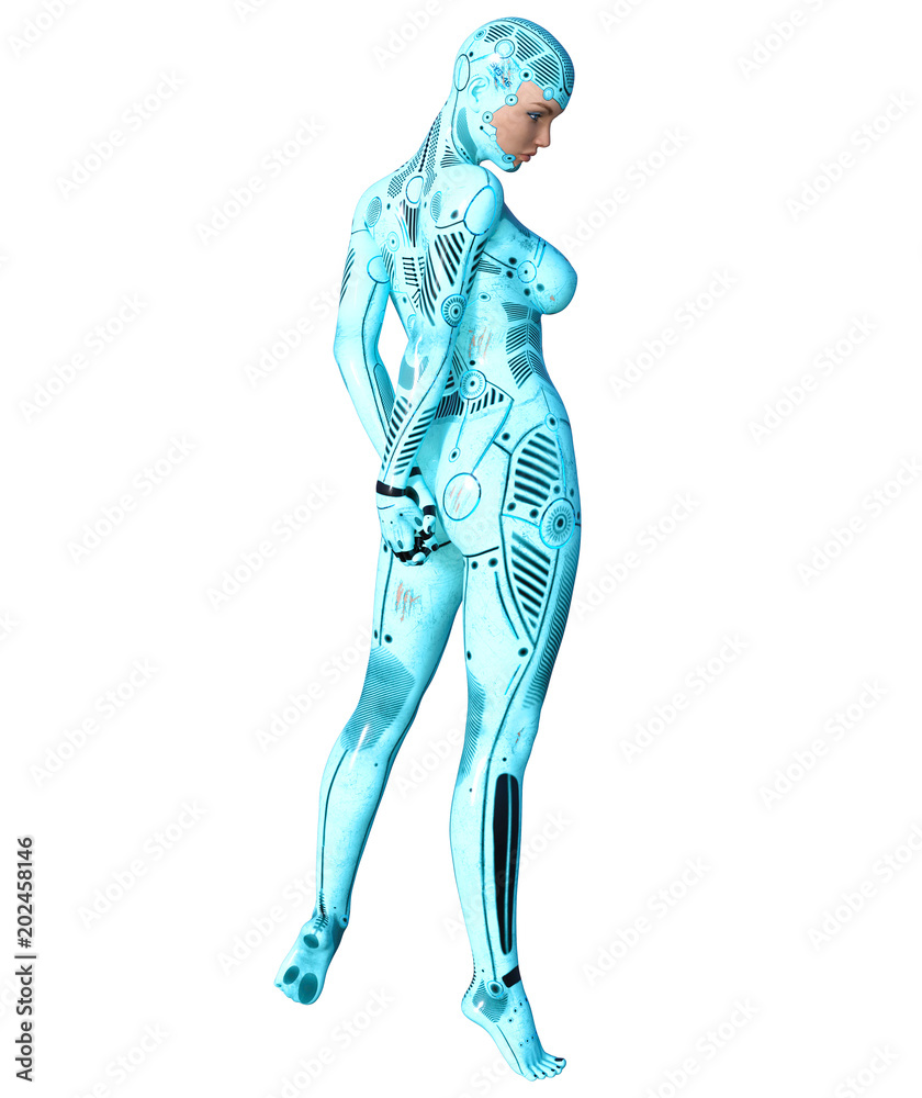Robot woman. Metal droid with woman's face. Artificial Intelligence. Conceptual fashion art. Realistic 3D render illustration. Studio, isolate, high key.
