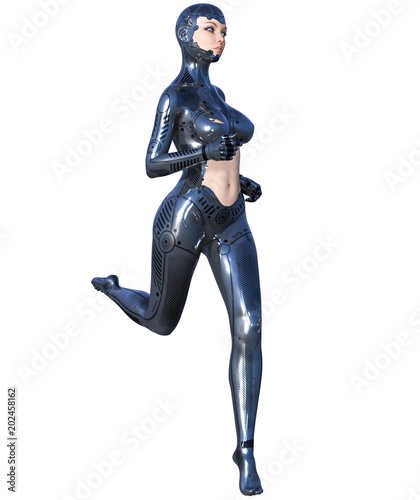 Robot woman. Metal droid with woman's face. Artificial Intelligence. Conceptual fashion art. Realistic 3D render illustration. Studio, isolate, high key.   © vladnikon