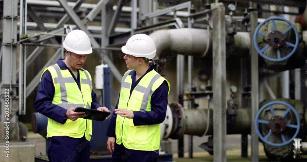 Industrial workers using a digital tablet on site