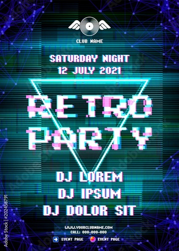 Glitch party poster with blue background and triangle for Retro Wave rave part club nights
