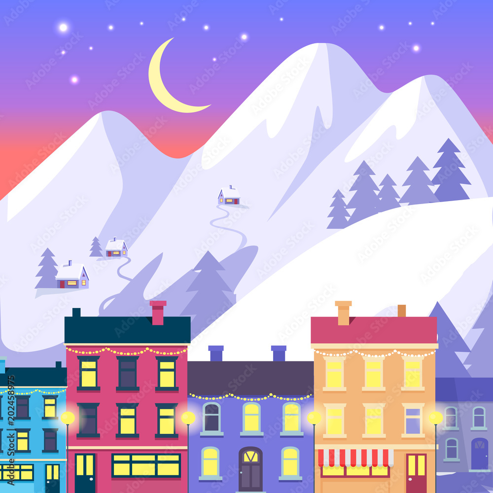 Christmas Small Town on High Mountains Background