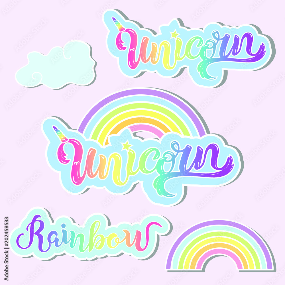 Vector set with Unicorn, Rainbow, clouds. Handwritten lettering Unicorn, Rainbow as patch, logo, icon, stick cake toppers, laser cut plastic, wooden toppers, props for Rainbow, Unicorn party, Birthday Vector set with Unicorn, Rainbow, clouds. Handwritten lettering Unicorn, Rainbow as patch, logo, icon, stick cake toppers, laser cut plastic, wooden toppers, props for Rainbow, Unicorn party, Birthday