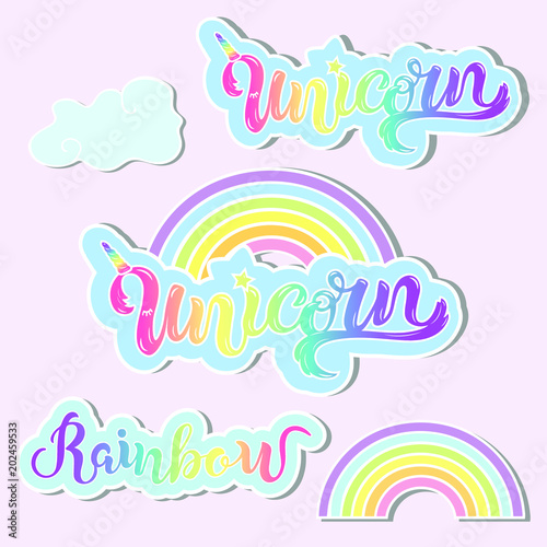 Vector set with Unicorn, Rainbow, clouds. Handwritten lettering Unicorn, Rainbow as patch, logo, icon, stick cake toppers, laser cut plastic, wooden toppers, props for Rainbow, Unicorn party, Birthday