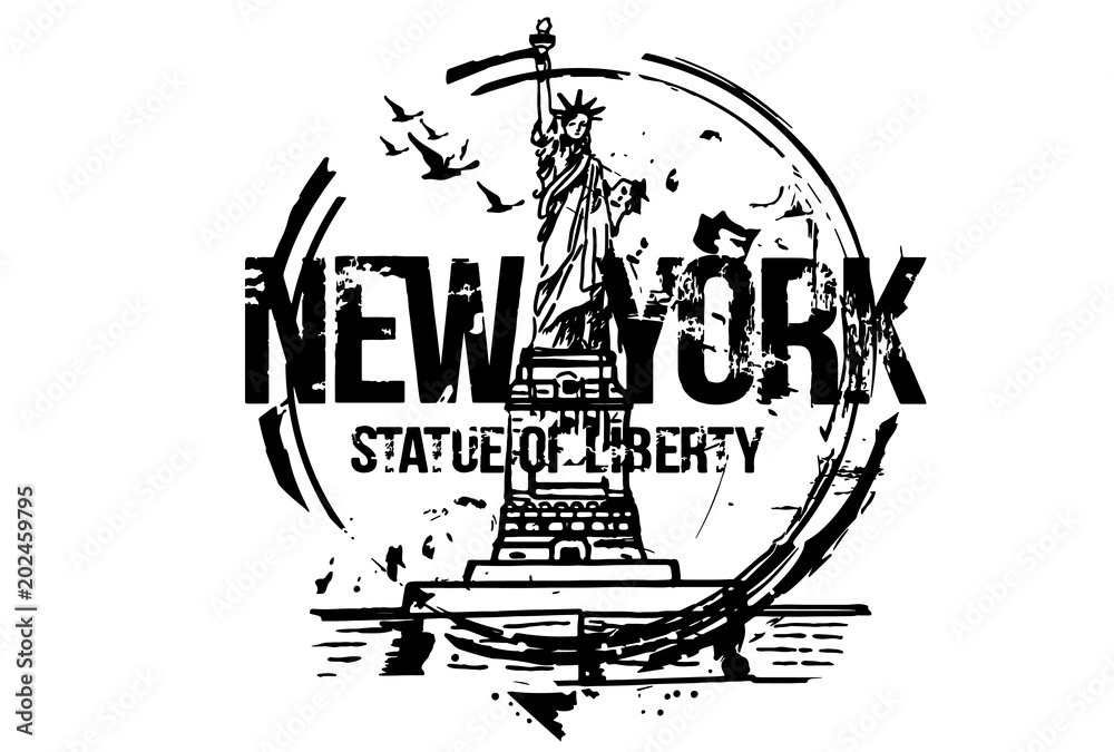 Statue of liberty, New York. USA. City design. Hand drawn illustration.