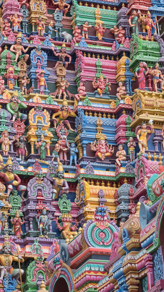Detail from a Gopuram, or entrance tower, at an ancient Hindu temple in Tamil Nadu. It was only during the last century that temple authorities began to paint the gateway carvings
