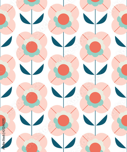 seamless pattern with flowers in retro scandinavian style