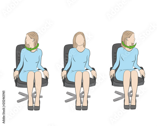 Exercises for the head and neck in the office at the workplace. vector illustration.