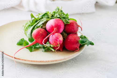 Bundle of fresh ripe radishes in a plate. White background. Rustic style.