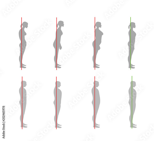 correct and not correct posture in men and women. vector illustration.