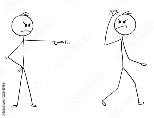 Cartoon stick man drawing conceptual illustration of angry businessman fired, sacked or dismissed from work by manager or boss.