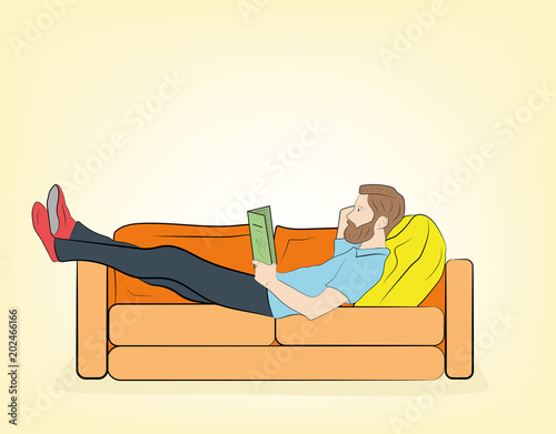 the man is lying on the couch. read book. resting. vector illustration.