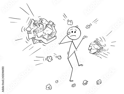 Cartoon stick man drawing conceptual illustration of businessman stoned or hit by crumpled paper balls.