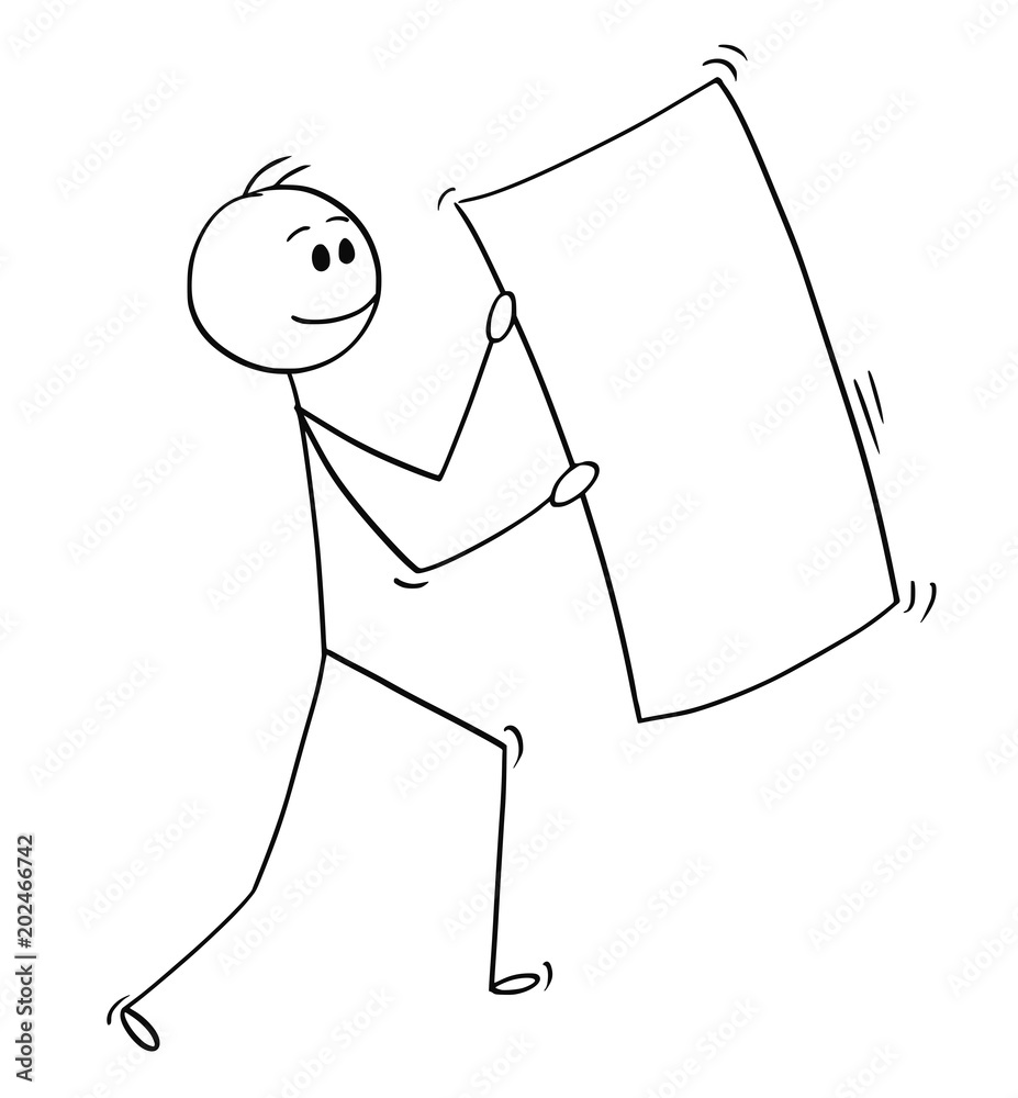 Φωτογραφία Cartoon stick man drawing conceptual illustration of happy businessman carrying big empty or blank paper sheet