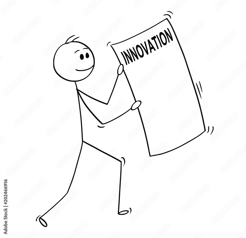 Φωτογραφία Cartoon stick man drawing conceptual illustration of happy businessman carrying big sheet of paper with innovation text