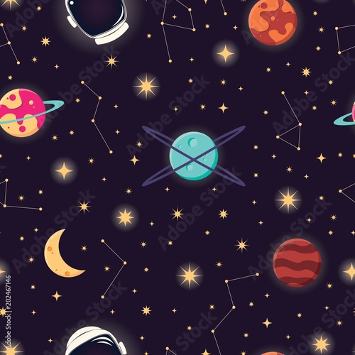 Universe with planets, stars and astronaut helmet seamless pattern, cosmos starry night sky, vector illustration