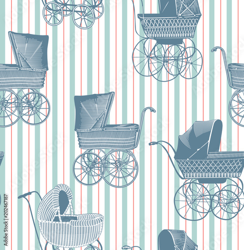 vintage baby strollers seamless pattern