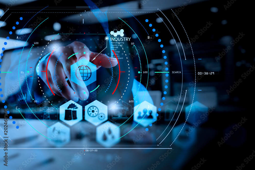 Obraz premium Double exposure of businessman hand working with new modern computer and business strategy as concept