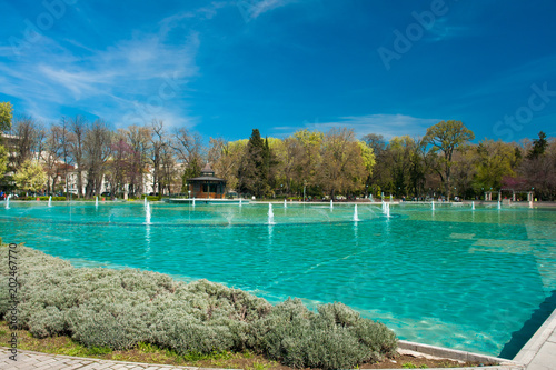 PLOVDIV  BULGARIA - April 8  2018  Panoramic view of Singing Fountains in City of Plovdiv  Bulgaria